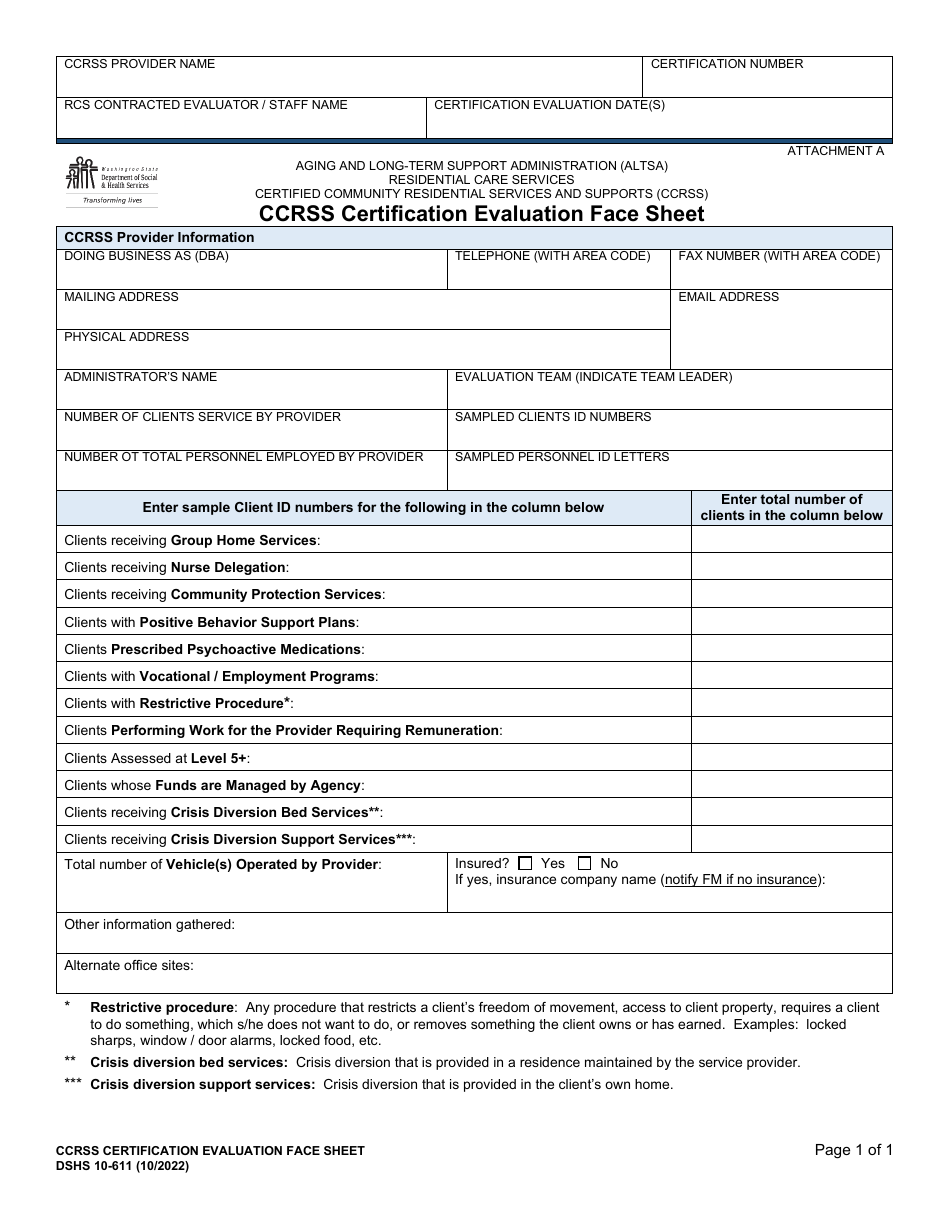 DSHS Form 10-611 Attachment A Ccrss Certification Evaluation Face Sheet - Washington, Page 1