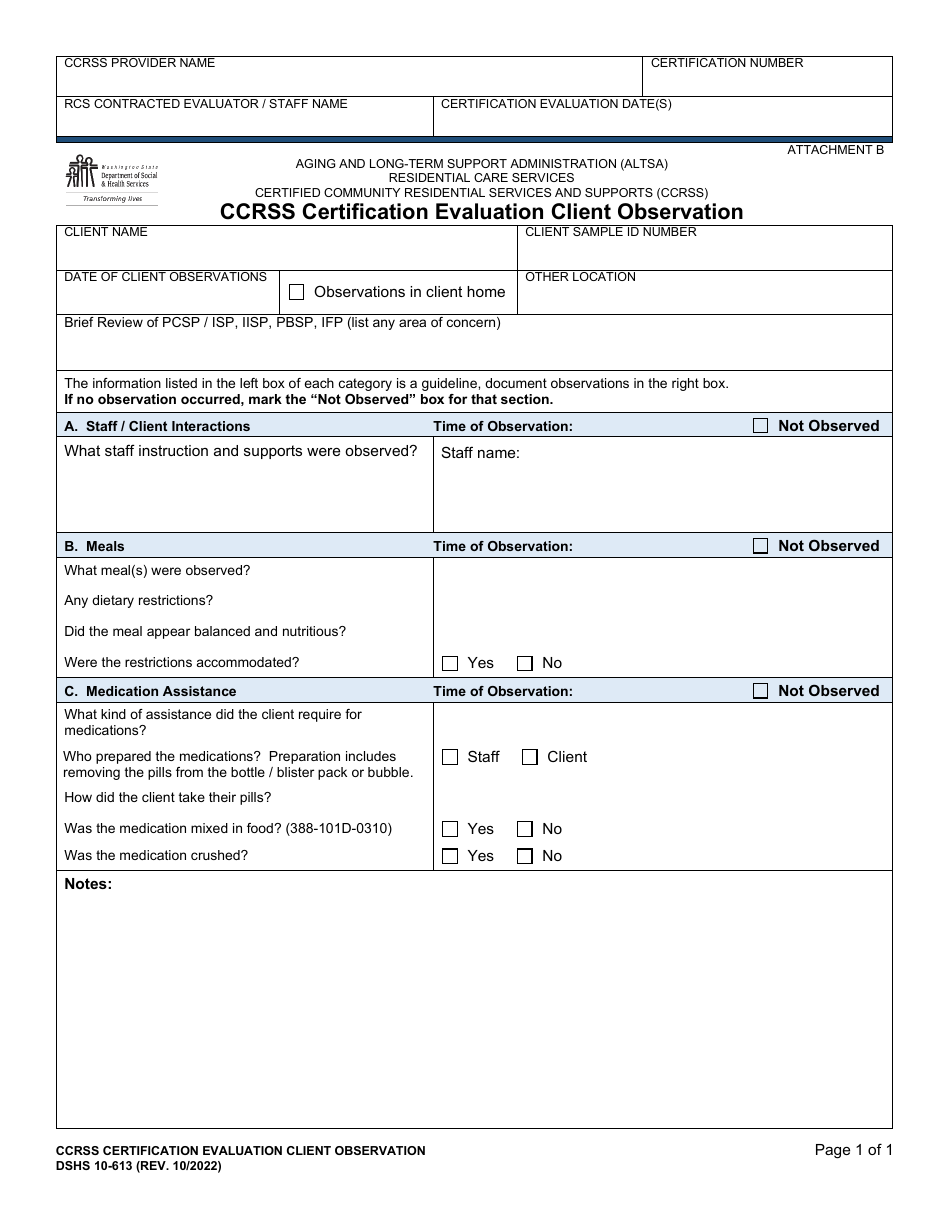 DSHS Form 10-613 Attachment B Ccrss Certification Evaluation Client Observation - Washington, Page 1