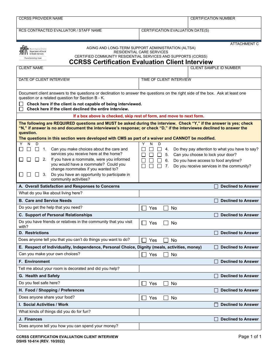 DSHS Form 10-614 Attachment C Ccrss Certification Evaluation Client Interview - Washington, Page 1