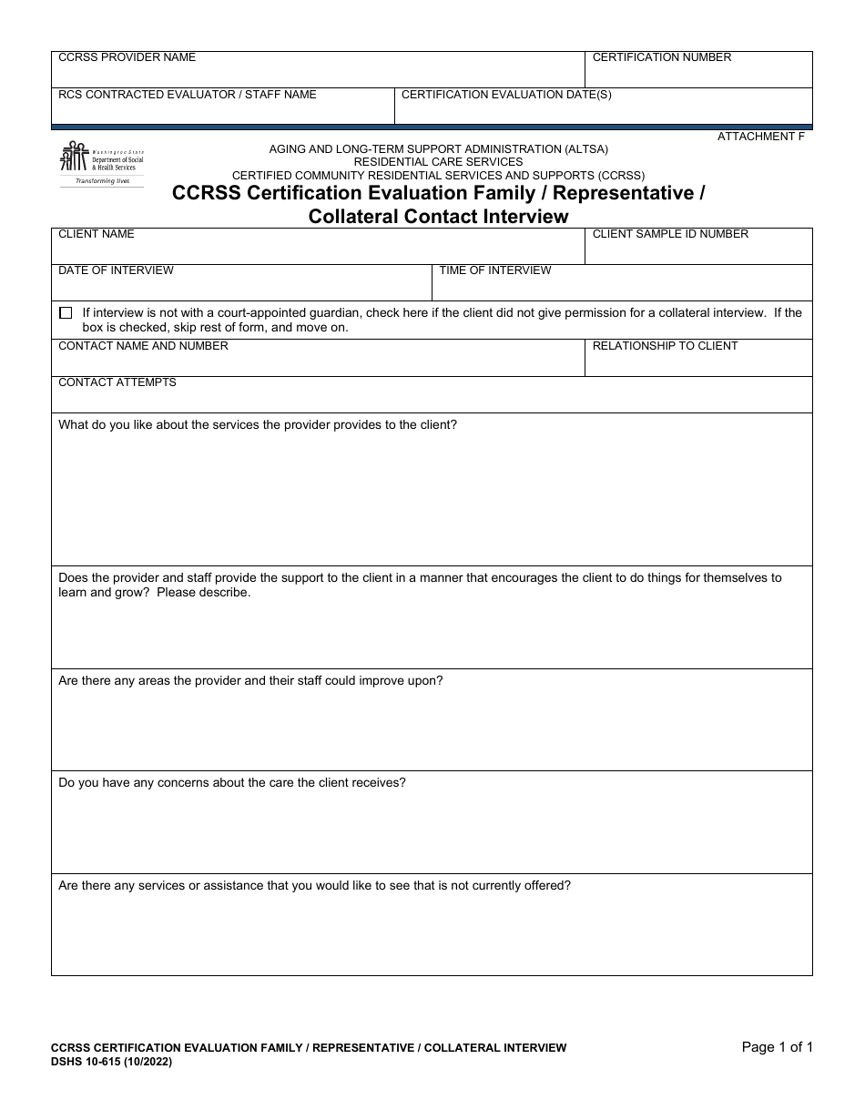 DSHS Form 10-615 Attachment F Ccrss Certification Evaluation Family / Representative / Collateral Contact Interview - Washington, Page 1