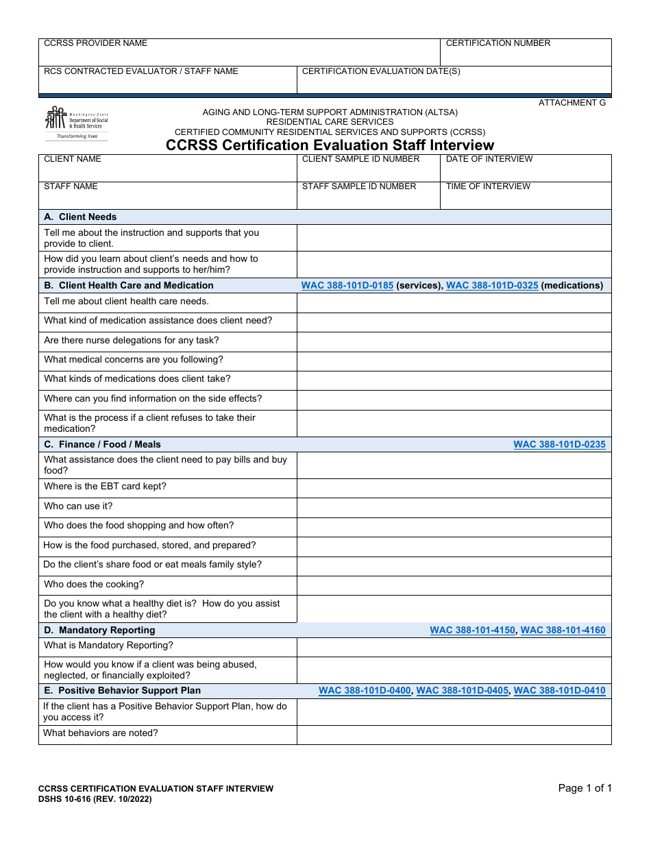 DSHS Form 10-616 Attachment G Ccrss Certification Evaluation Staff Interview - Washington, Page 1