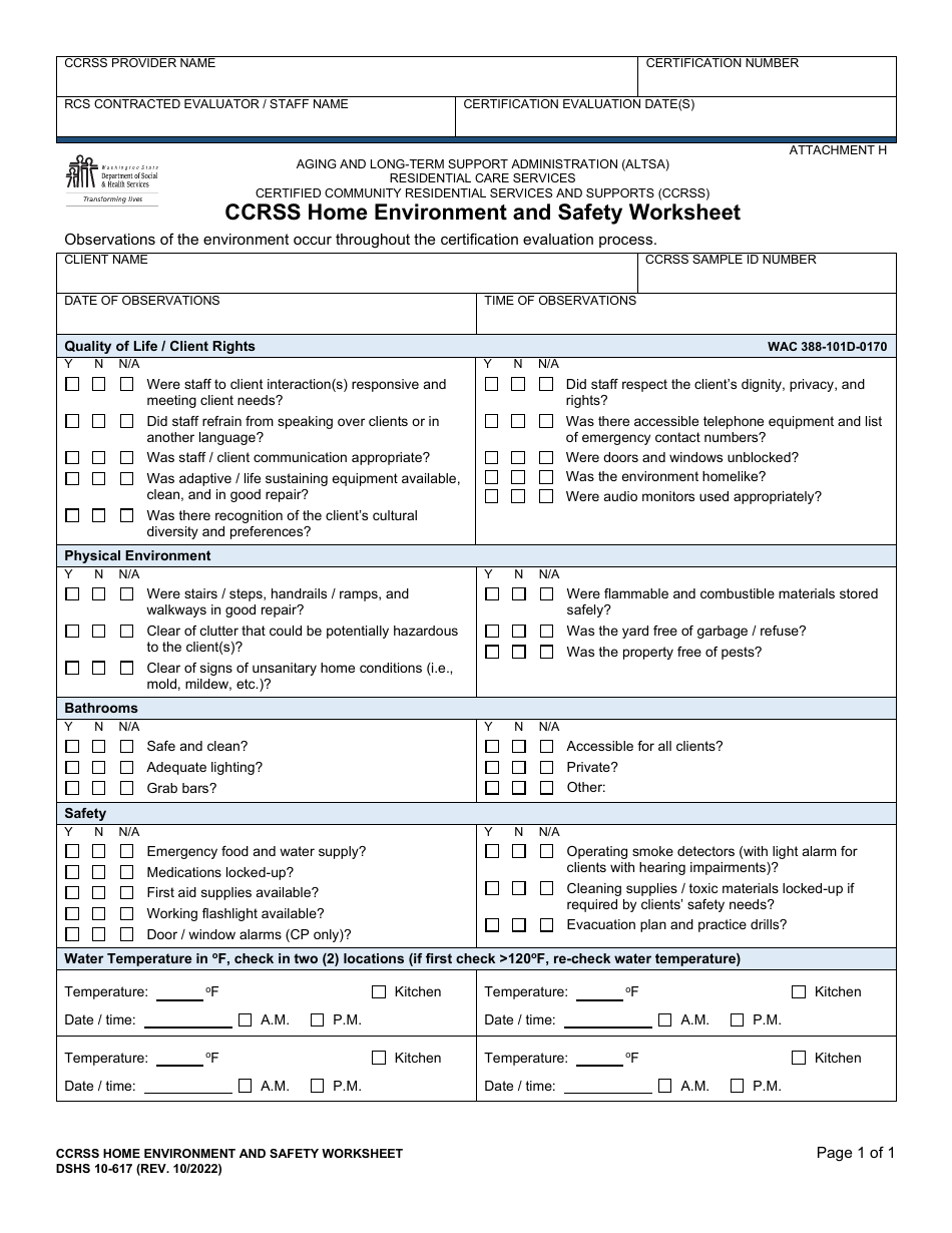 DSHS Form 10-617 Attachment H Ccrss Home Environment and Safety Worksheet - Washington, Page 1