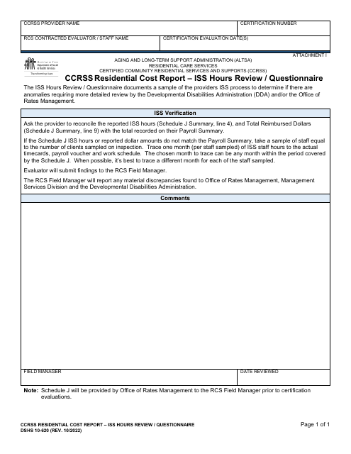 DSHS Form 10-620 Attachment I  Printable Pdf