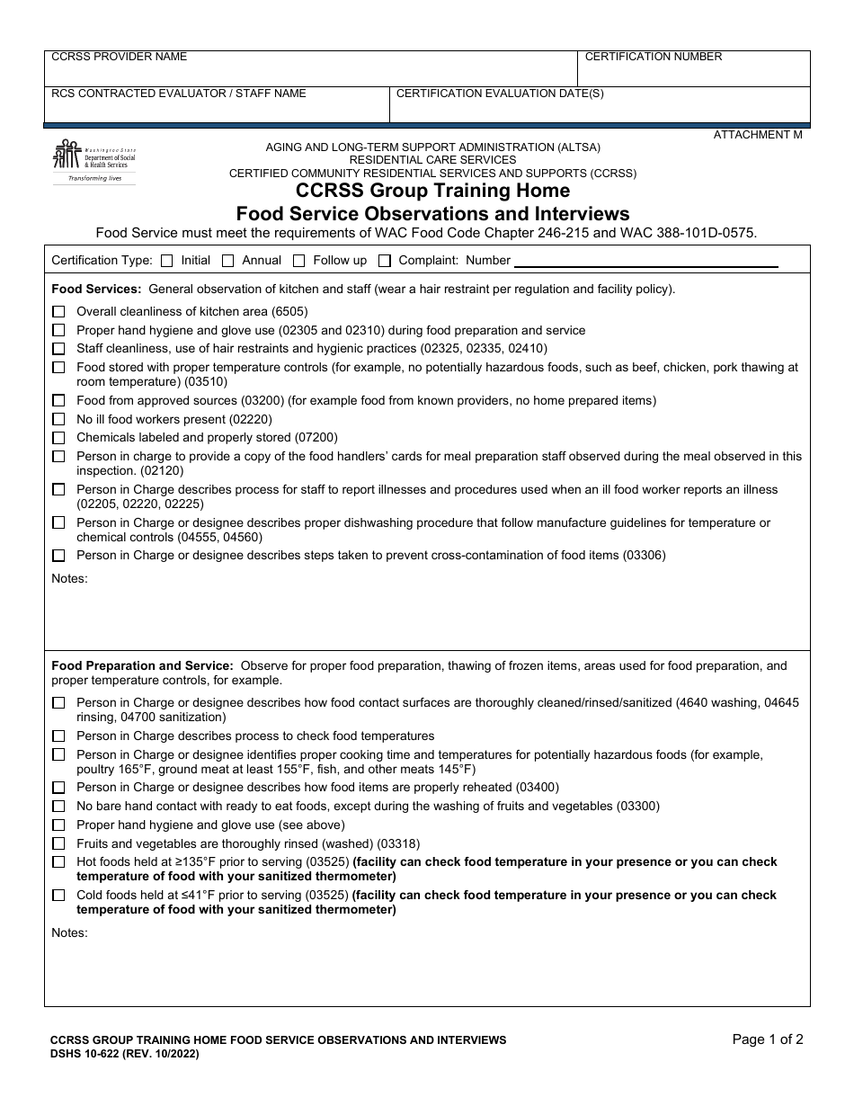 DSHS Form 10-622 Attachment M Ccrss Group Training Home Food Service Observations and Interviews - Washington, Page 1