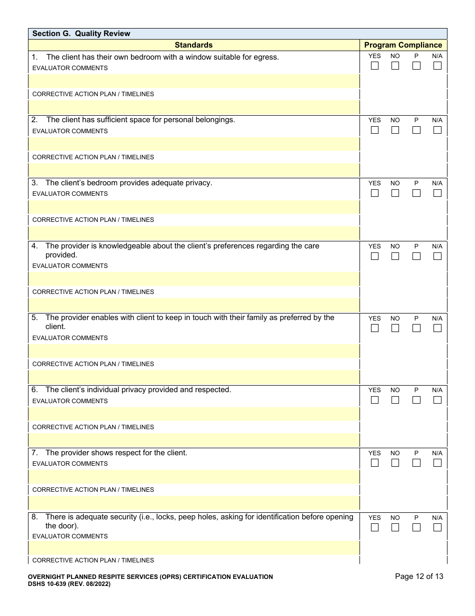 DSHS Form 10-639 Overnight Planned Respite Services (Oprs) Certification Evaluation - Washington, Page 12