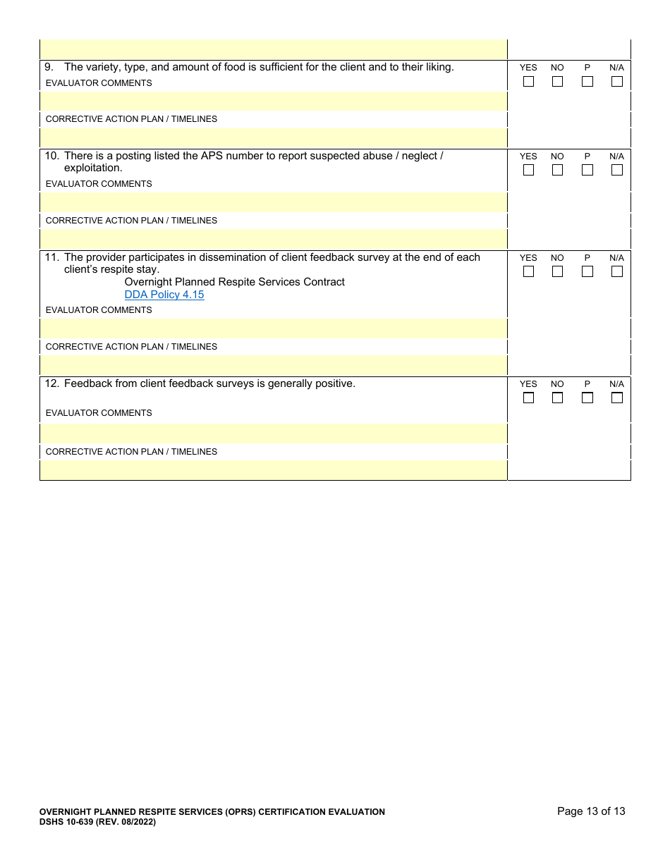 DSHS Form 10-639 Overnight Planned Respite Services (Oprs) Certification Evaluation - Washington, Page 13