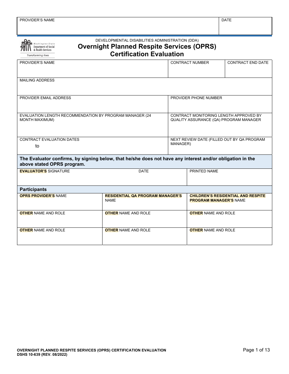 DSHS Form 10-639 Overnight Planned Respite Services (Oprs) Certification Evaluation - Washington, Page 1