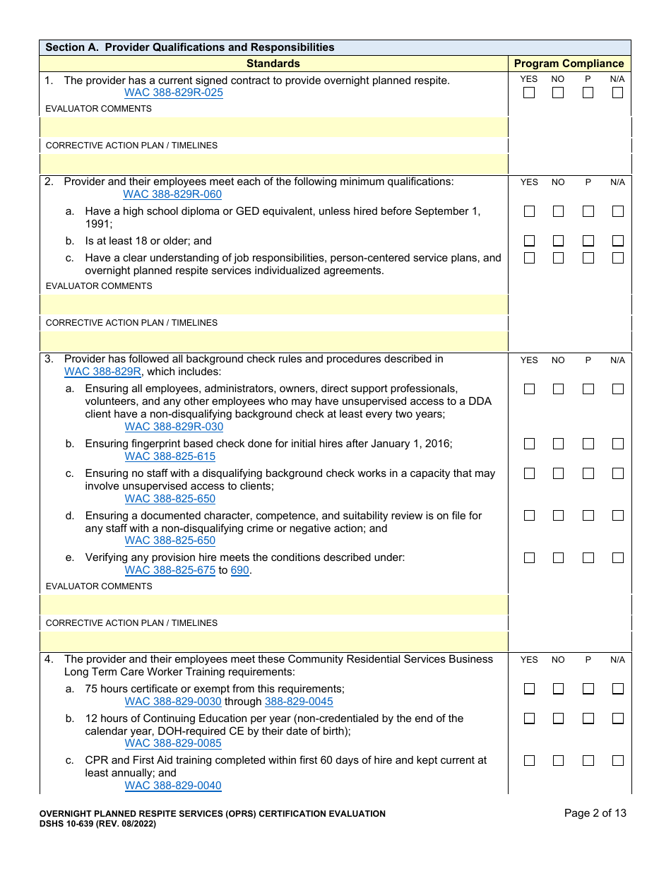 DSHS Form 10-639 Overnight Planned Respite Services (Oprs) Certification Evaluation - Washington, Page 2