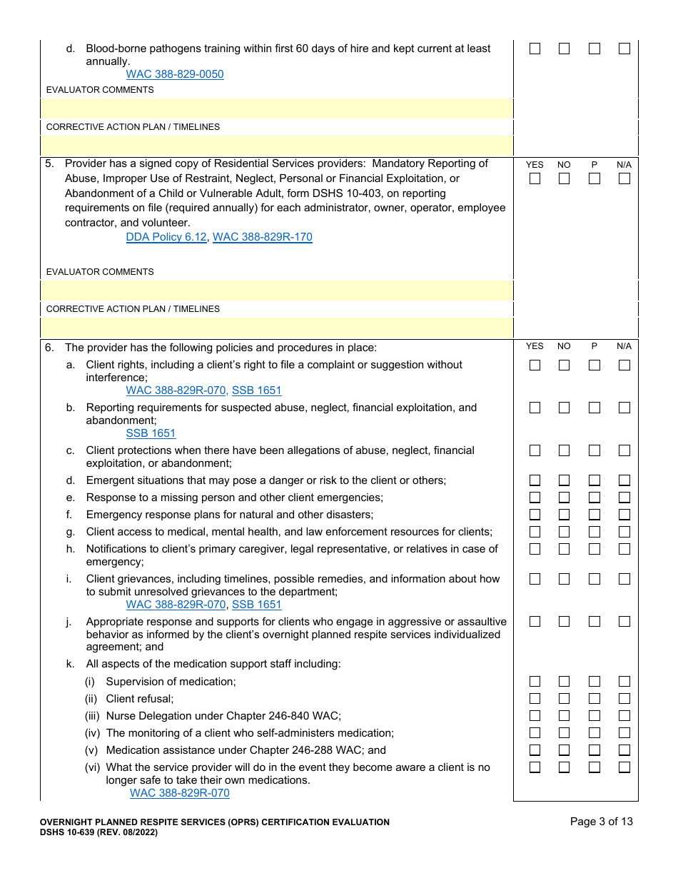 DSHS Form 10-639 Overnight Planned Respite Services (Oprs) Certification Evaluation - Washington, Page 3