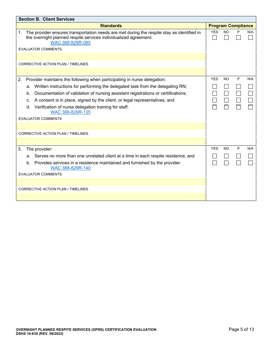 DSHS Form 10-639 Overnight Planned Respite Services (Oprs) Certification Evaluation - Washington, Page 5