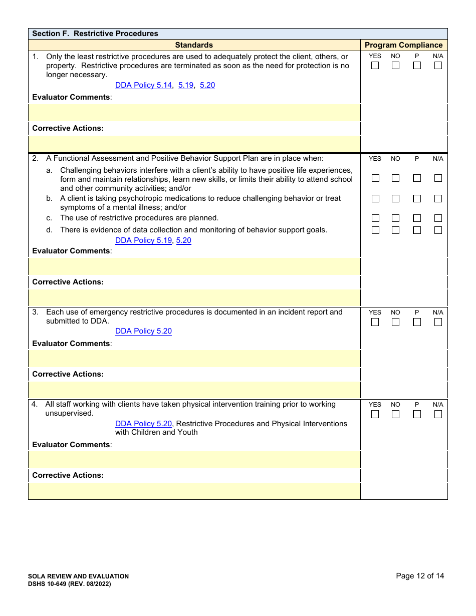 DSHS Form 10-649 Childrens State Operated Living Alternatives (Sola) Certification Evaluation - Washington, Page 12