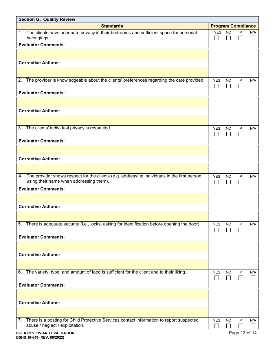 DSHS Form 10-649 Childrens State Operated Living Alternatives (Sola) Certification Evaluation - Washington, Page 13