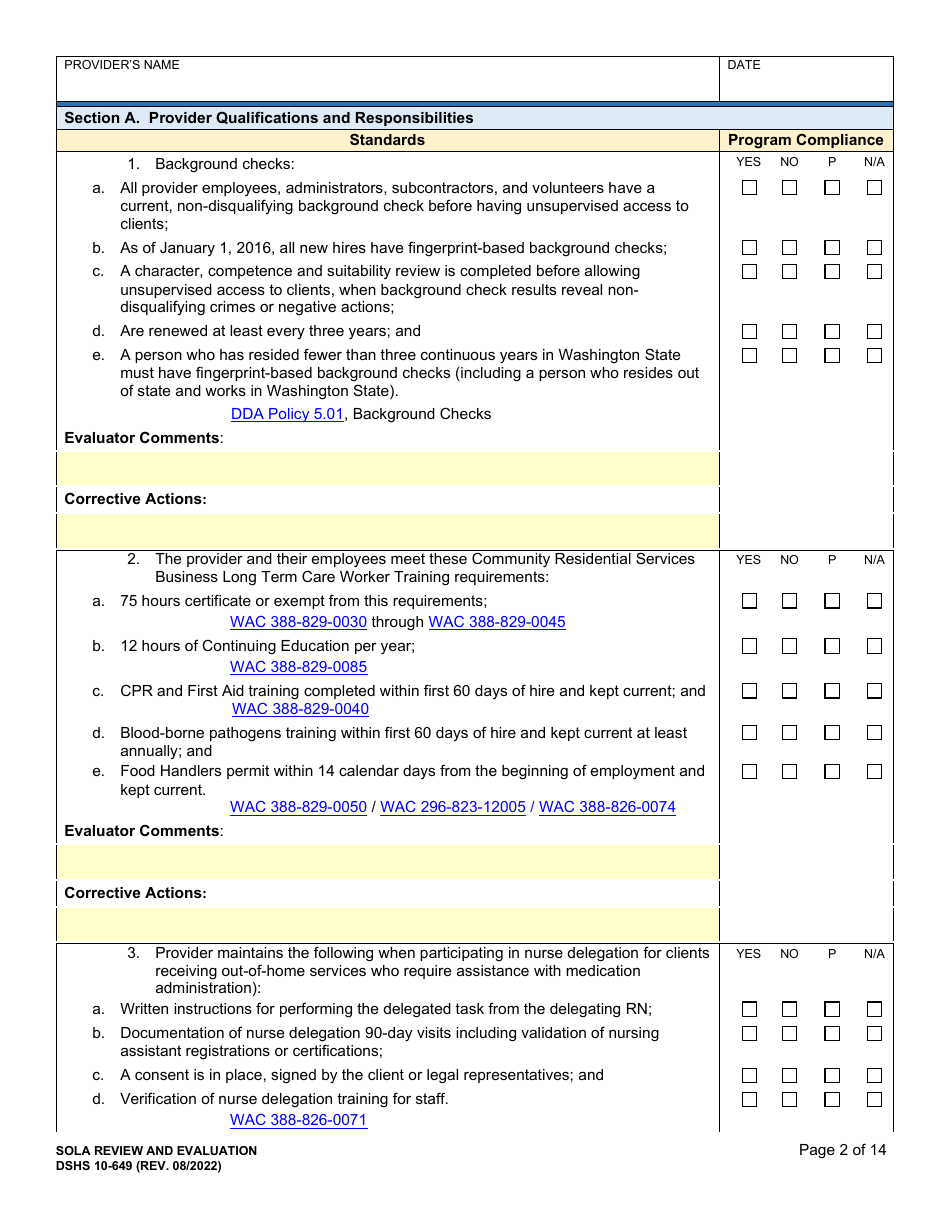 DSHS Form 10-649 Childrens State Operated Living Alternatives (Sola) Certification Evaluation - Washington, Page 2