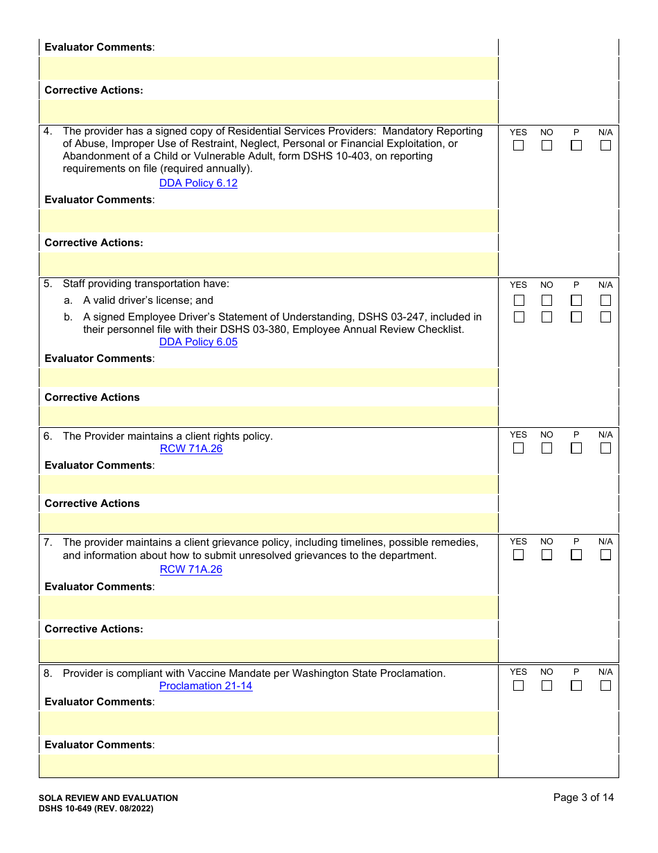 DSHS Form 10-649 Childrens State Operated Living Alternatives (Sola) Certification Evaluation - Washington, Page 3