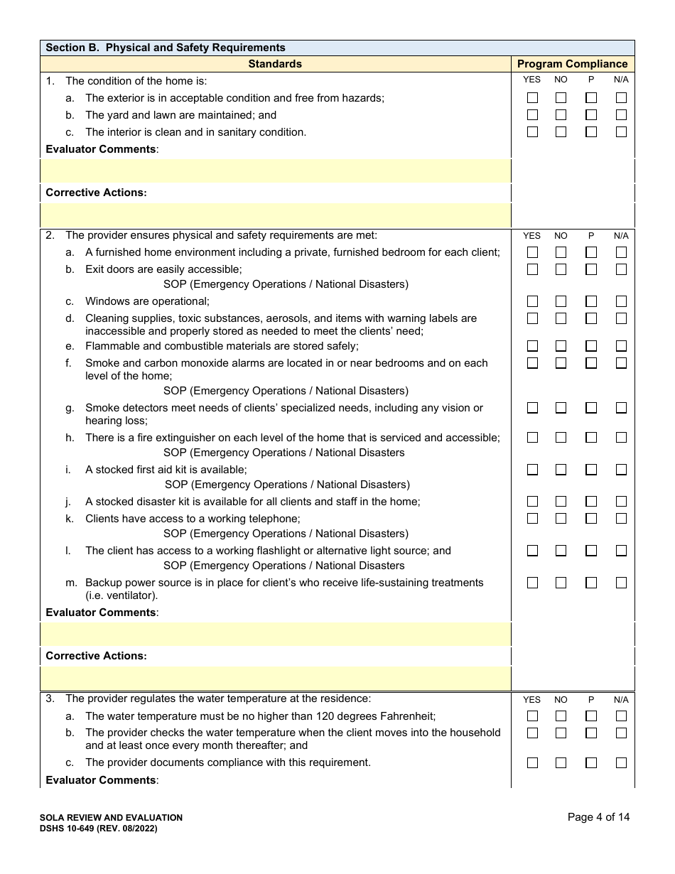DSHS Form 10-649 Childrens State Operated Living Alternatives (Sola) Certification Evaluation - Washington, Page 4