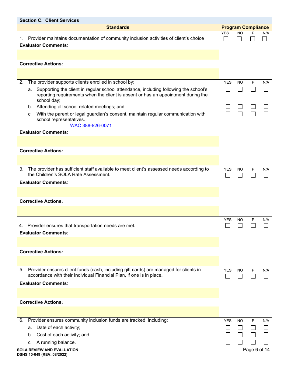 DSHS Form 10-649 Childrens State Operated Living Alternatives (Sola) Certification Evaluation - Washington, Page 6