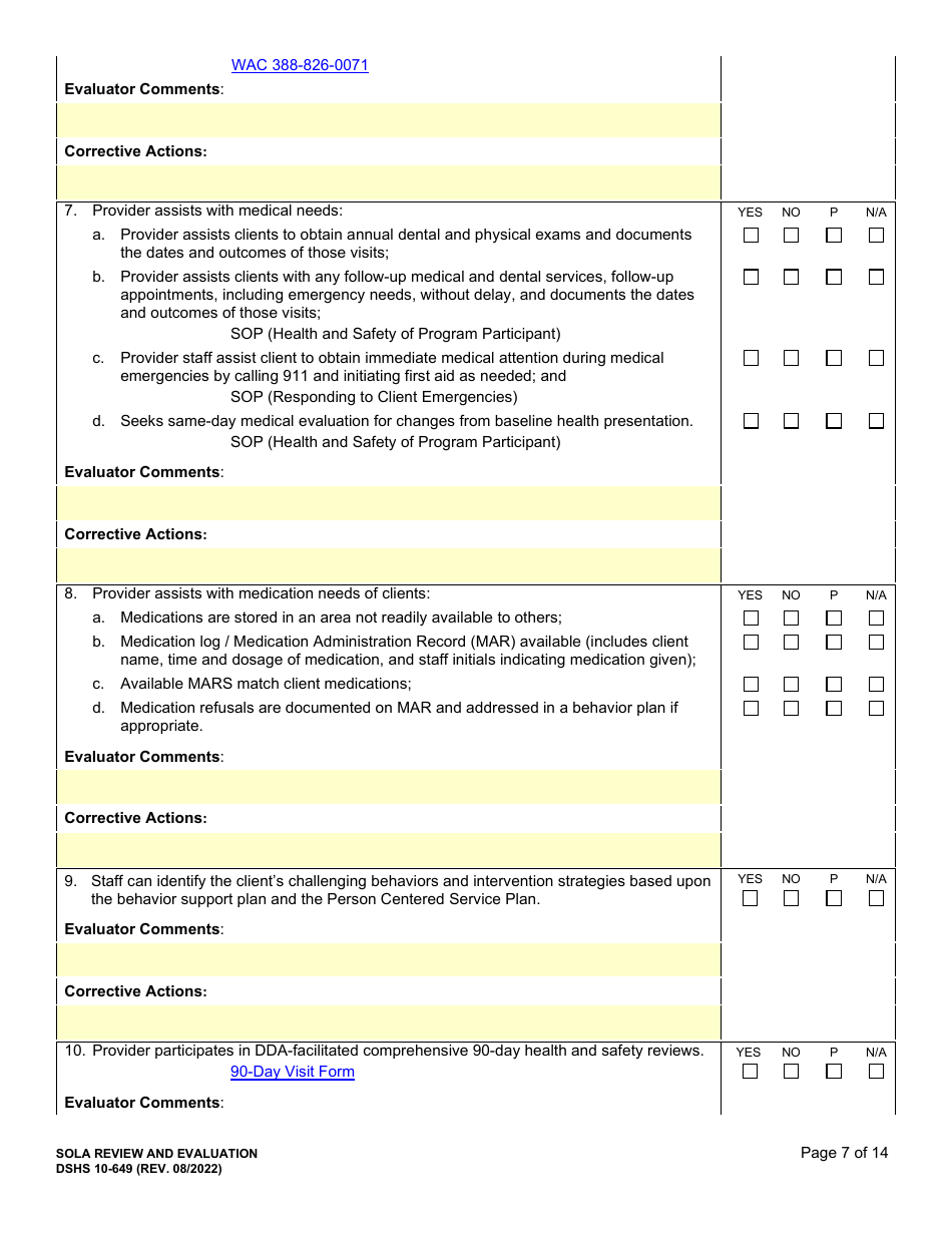 DSHS Form 10-649 Childrens State Operated Living Alternatives (Sola) Certification Evaluation - Washington, Page 7