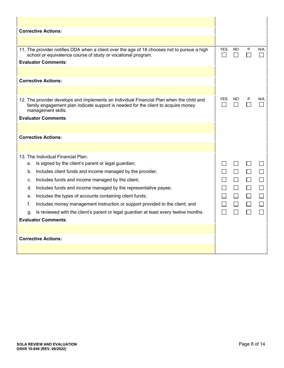DSHS Form 10-649 Childrens State Operated Living Alternatives (Sola) Certification Evaluation - Washington, Page 8