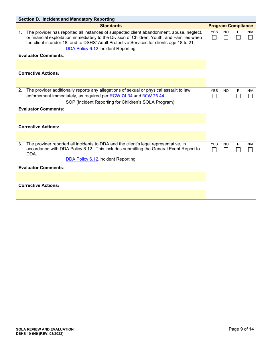 DSHS Form 10-649 Childrens State Operated Living Alternatives (Sola) Certification Evaluation - Washington, Page 9