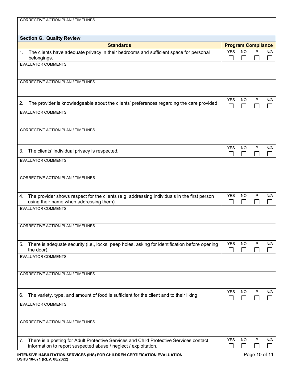 DSHS Form 10-671 Intensive Habilitation Services for Children Certification Evaluation - Washington, Page 10