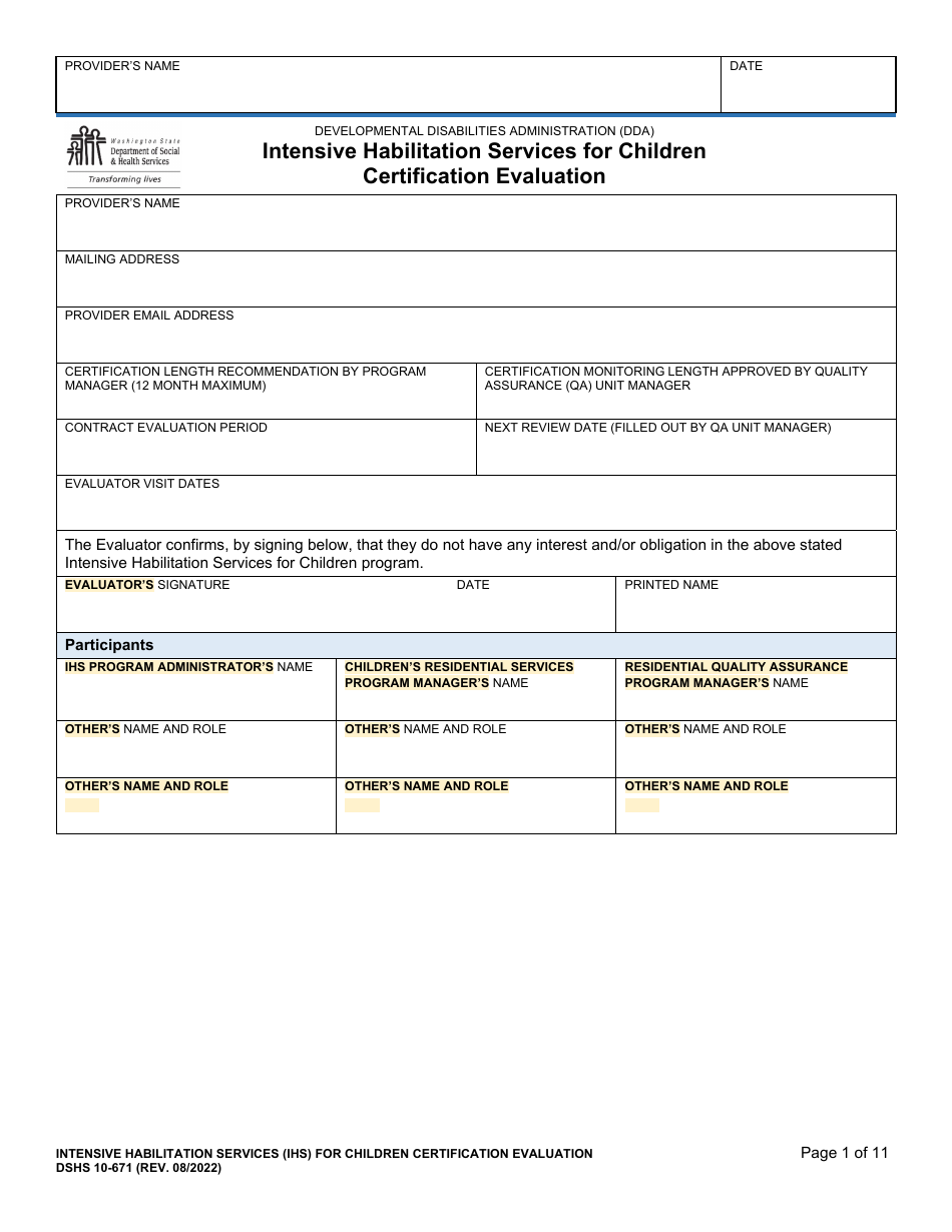 DSHS Form 10-671 Intensive Habilitation Services for Children Certification Evaluation - Washington, Page 1