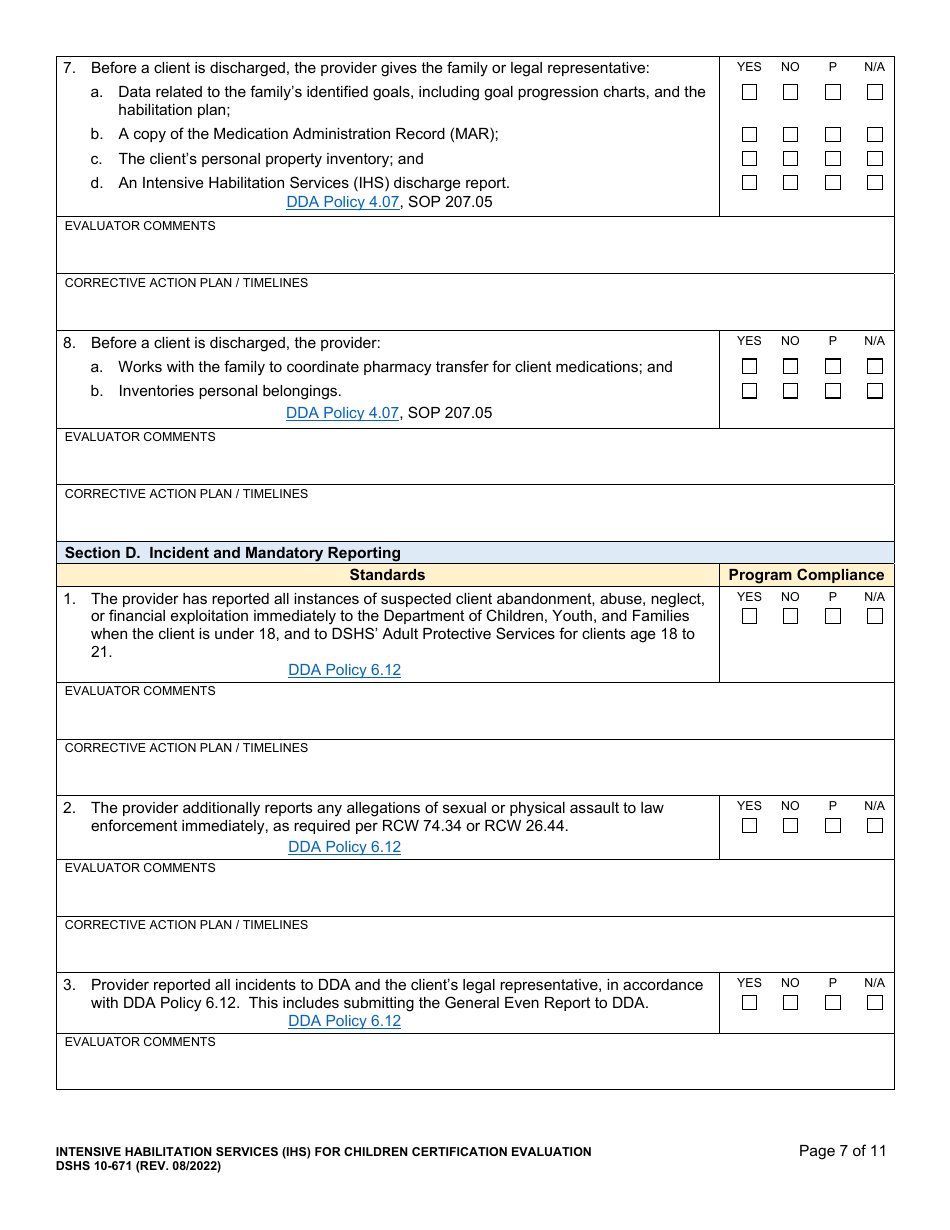 DSHS Form 10-671 Intensive Habilitation Services for Children Certification Evaluation - Washington, Page 7