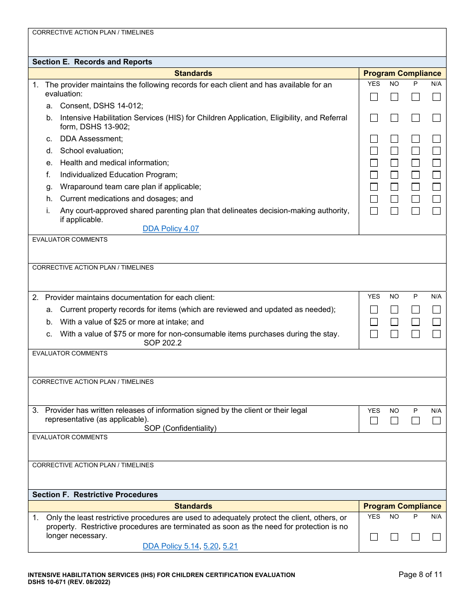DSHS Form 10-671 Intensive Habilitation Services for Children Certification Evaluation - Washington, Page 8