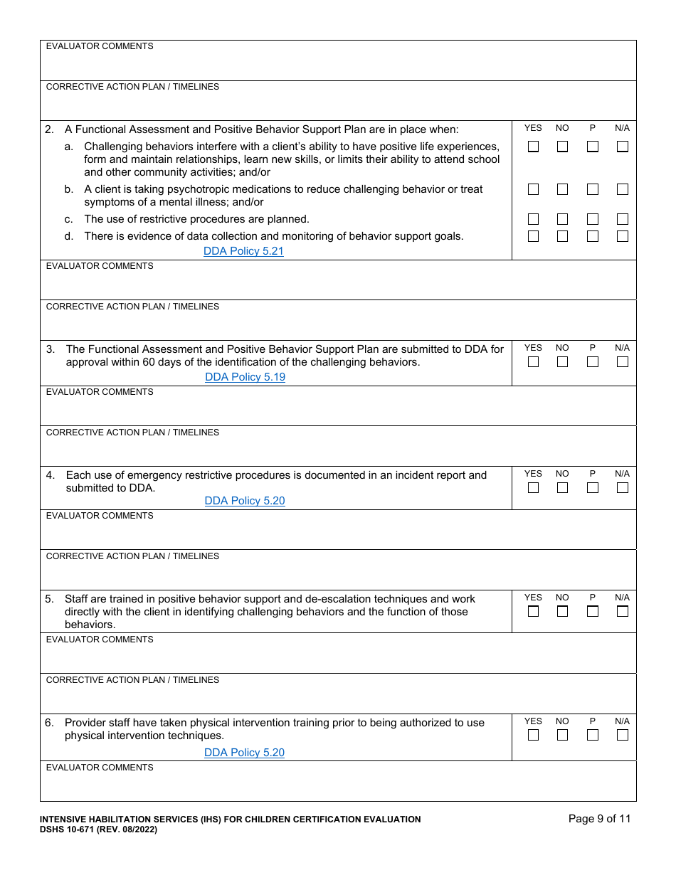 DSHS Form 10-671 Intensive Habilitation Services for Children Certification Evaluation - Washington, Page 9