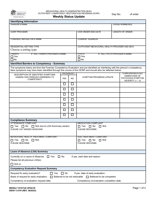 DSHS Form 13-919 Weekly Status Update - Washington