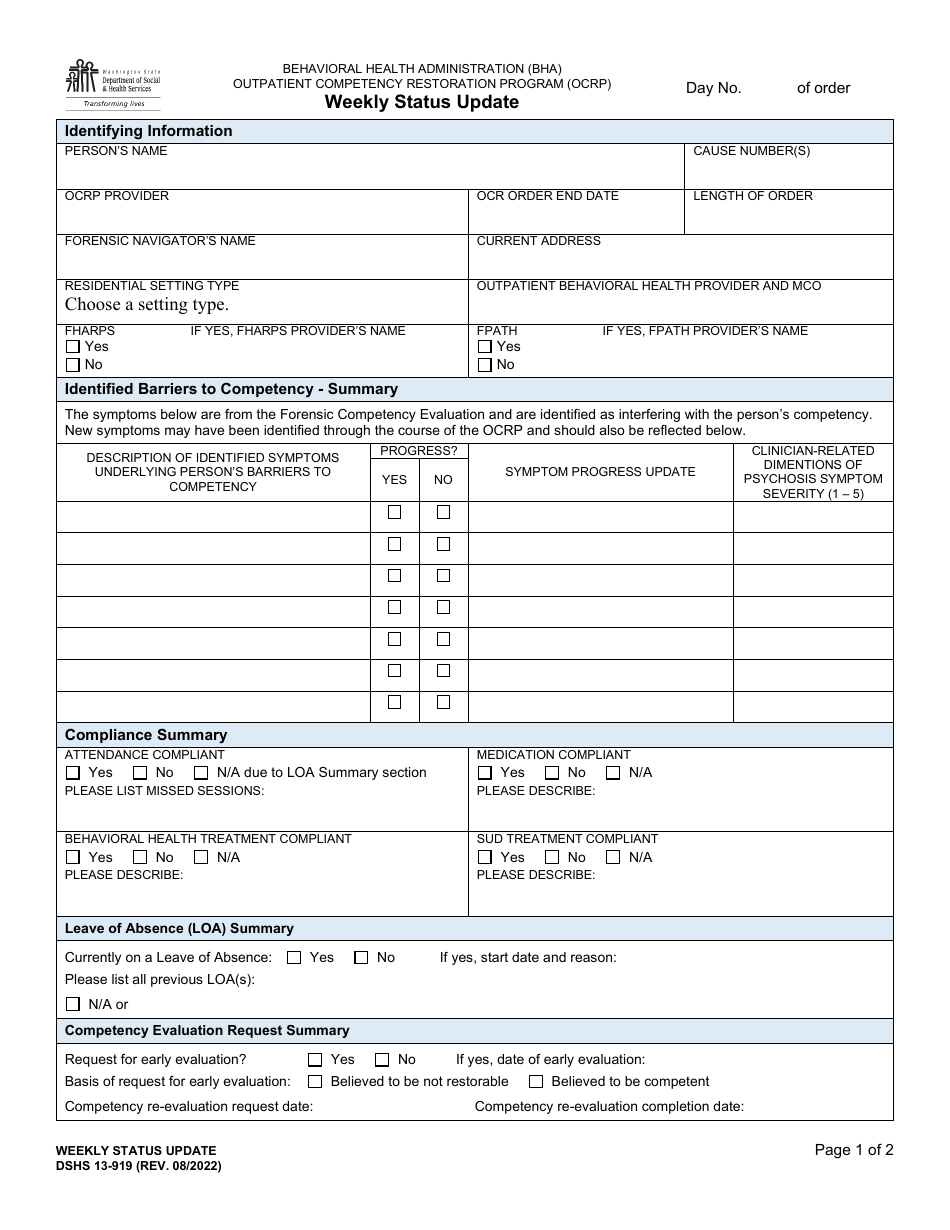 DSHS Form 13-919 Weekly Status Update - Washington, Page 1