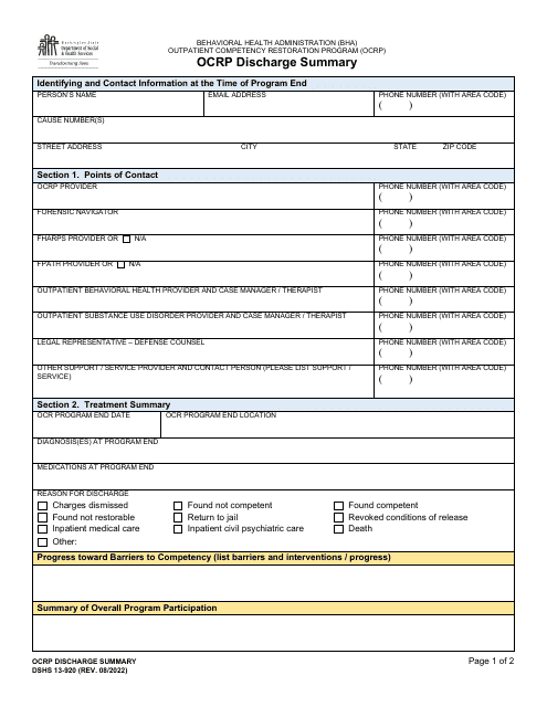 DSHS Form 13-920 Ocrp Discharge Summary - Washington
