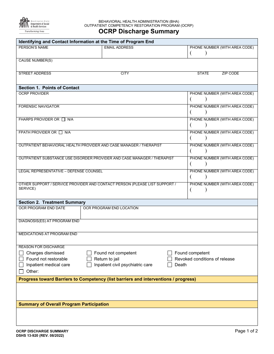DSHS Form 13-920 Ocrp Discharge Summary - Washington, Page 1