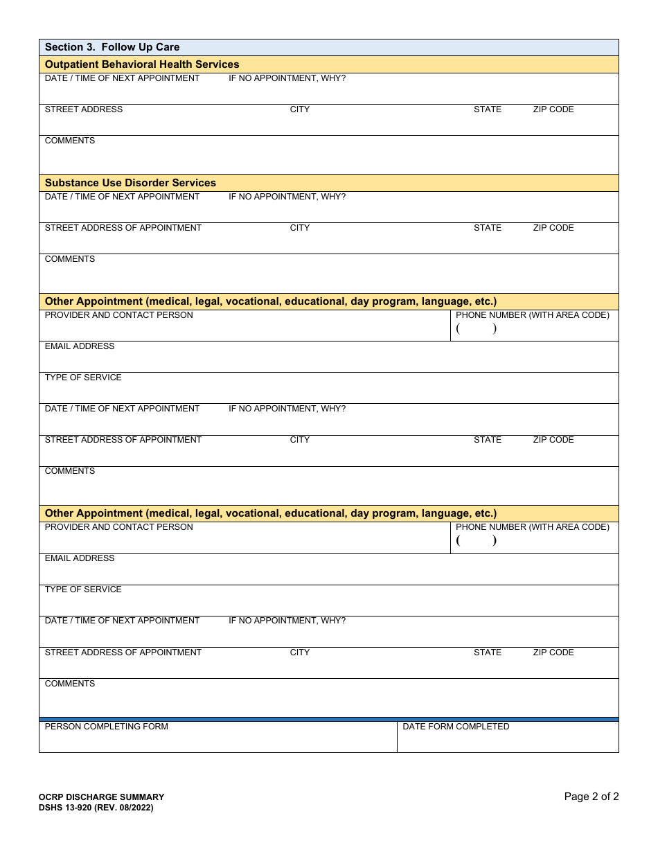 DSHS Form 13-920 Ocrp Discharge Summary - Washington, Page 2