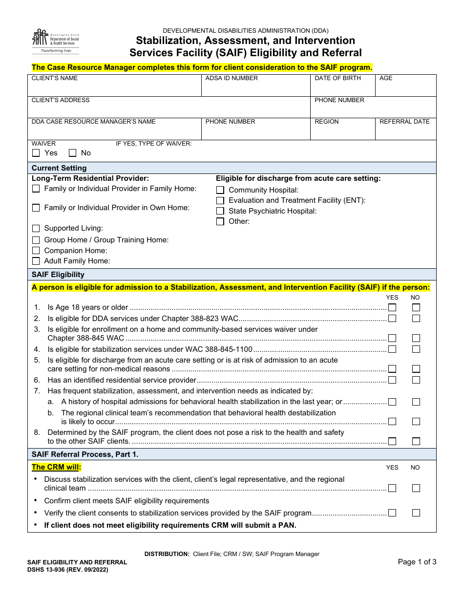 DSHS Form 13-936 Stabilization, Assessment, and Intervention Services Facility (Saif) Eligibility and Referral - Washington, Page 1
