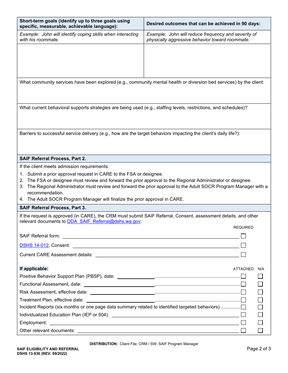 DSHS Form 13-936 Stabilization, Assessment, and Intervention Services Facility (Saif) Eligibility and Referral - Washington, Page 2