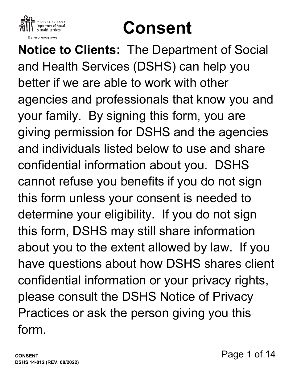 DSHS Form 14-012 Consent (Large Print) - Washington, Page 1