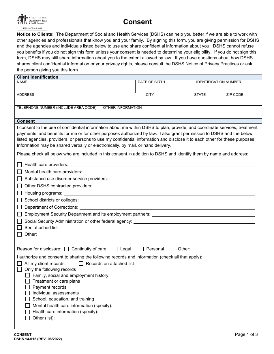 DSHS Form 14-012 - Fill Out, Sign Online and Download Printable PDF ...