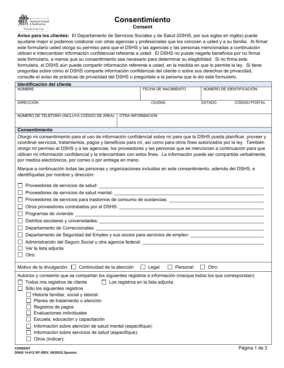 DSHS Formulario 14-012 Consentimiento - Washington (Spanish), Page 1