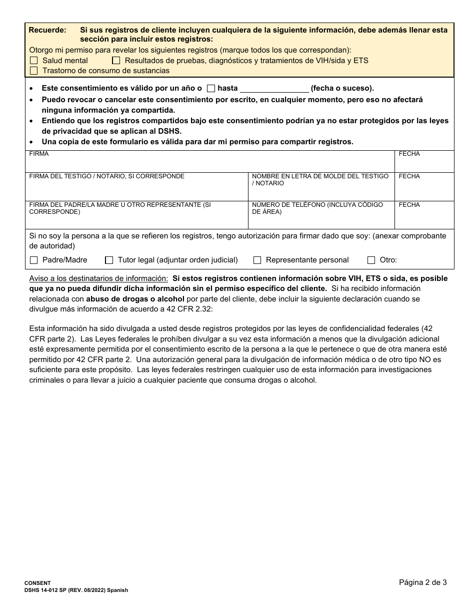 DSHS Formulario 14-012 Consentimiento - Washington (Spanish), Page 2