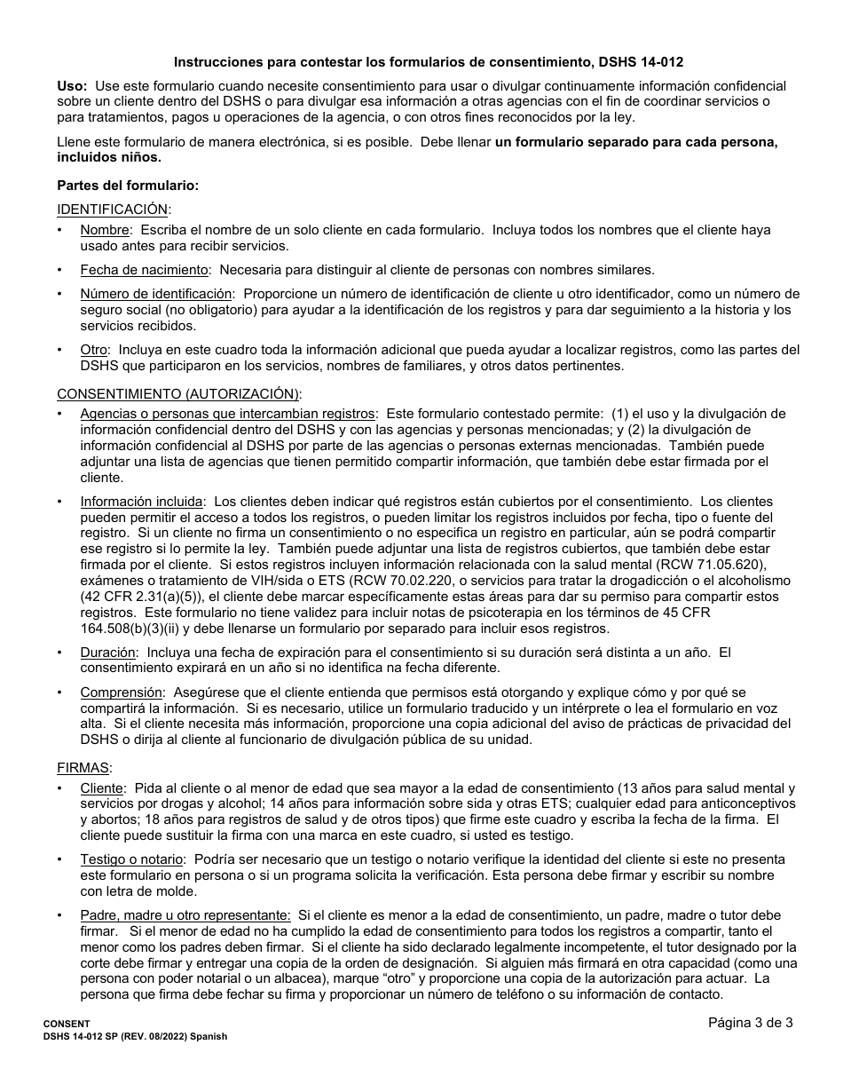 DSHS Formulario 14-012 Consentimiento - Washington (Spanish), Page 3