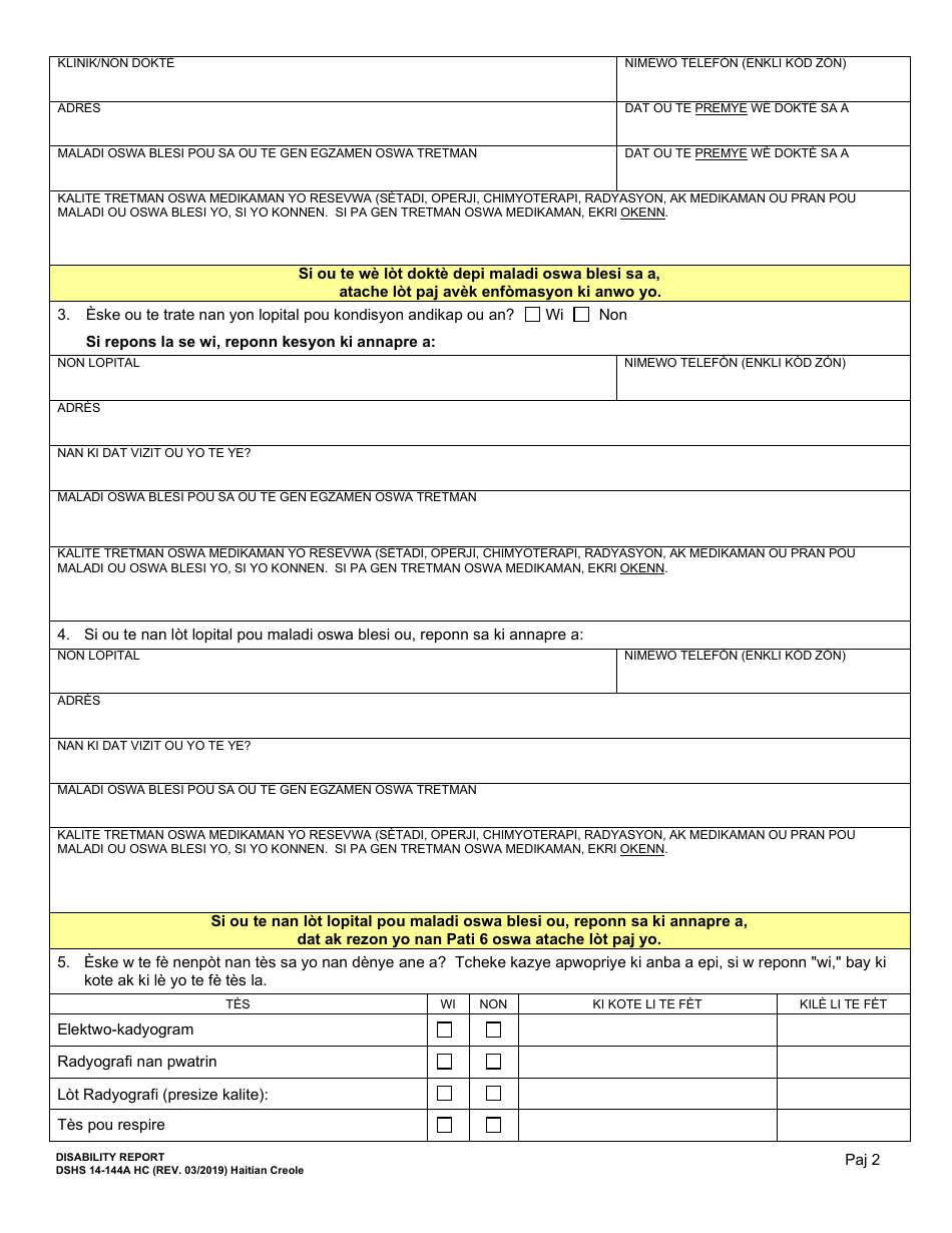 DSHS Form 14-144A Disability Report - Washington (Haitian Creole), Page 3