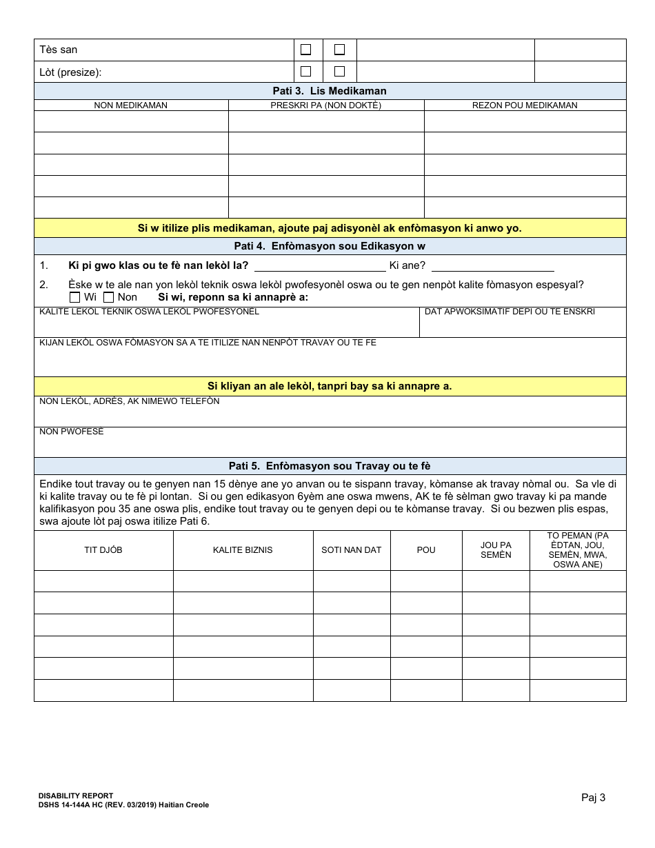 DSHS Form 14-144A Disability Report - Washington (Haitian Creole), Page 4