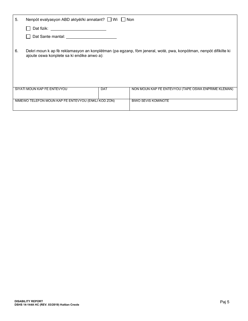 DSHS Form 14-144A Disability Report - Washington (Haitian Creole), Page 6