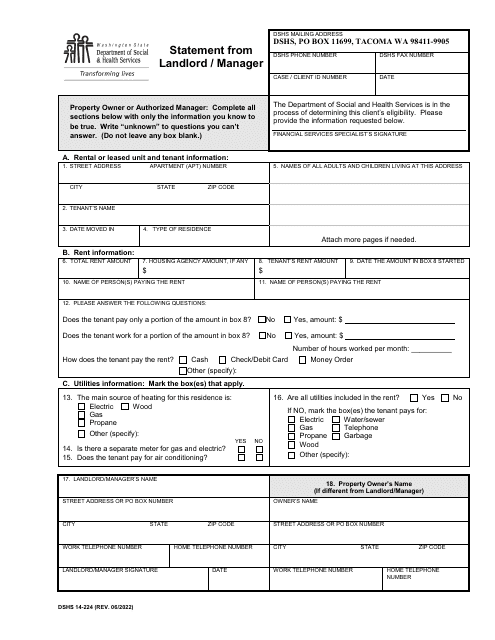 DSHS Form 14-224 Statement From Landlord/Manager - Washington
