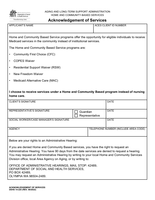 DSHS Form 14-225 Acknowledgement of Services - Washington