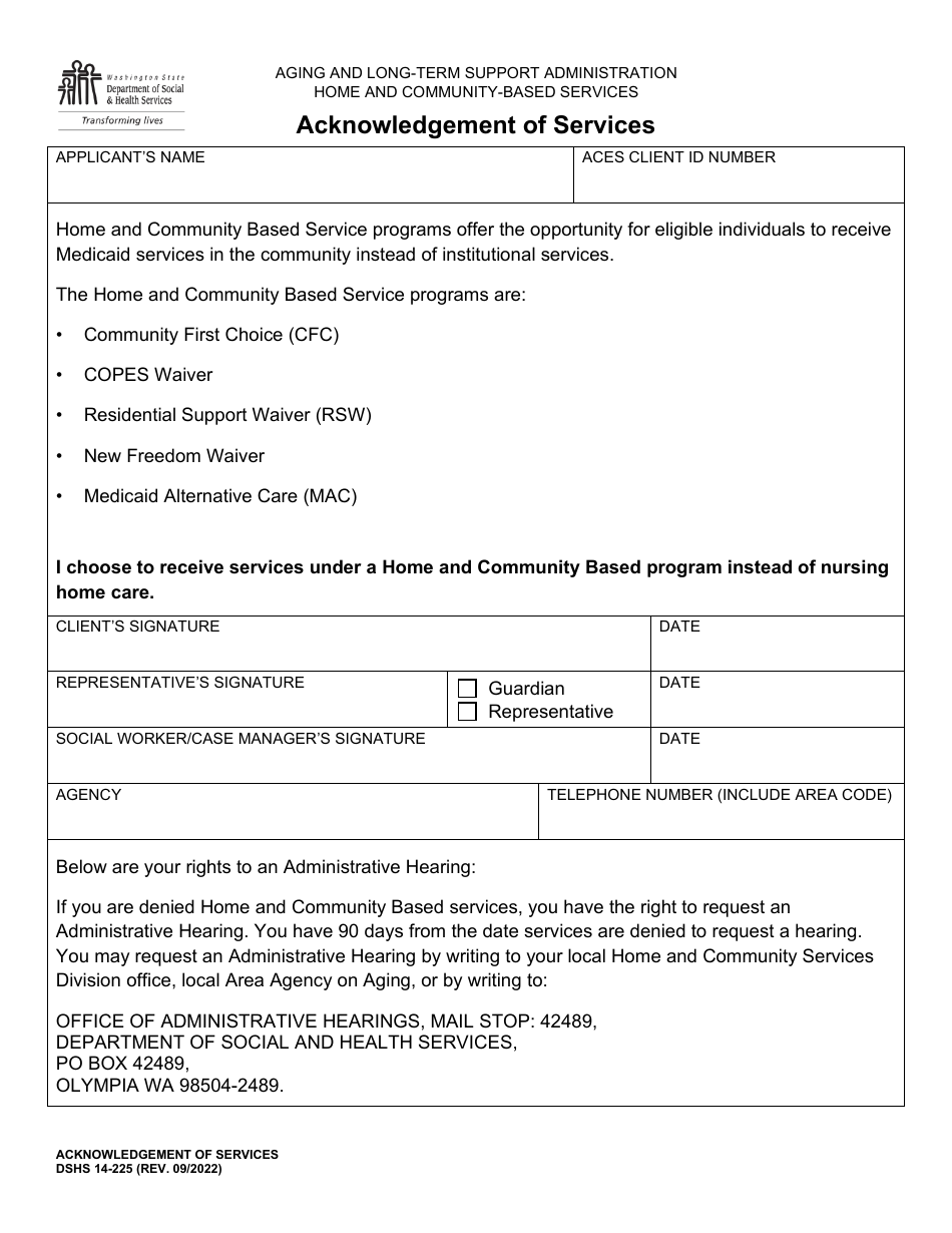 DSHS Form 14-225 Acknowledgement of Services - Washington, Page 1