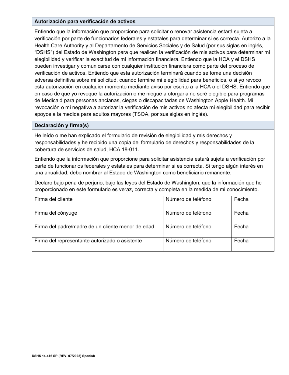 DSHS Formulario 14-416 Revision De Elegibilidad Para Servicios Y Apoyos a Largo Plazo - Washington (Spanish), Page 4