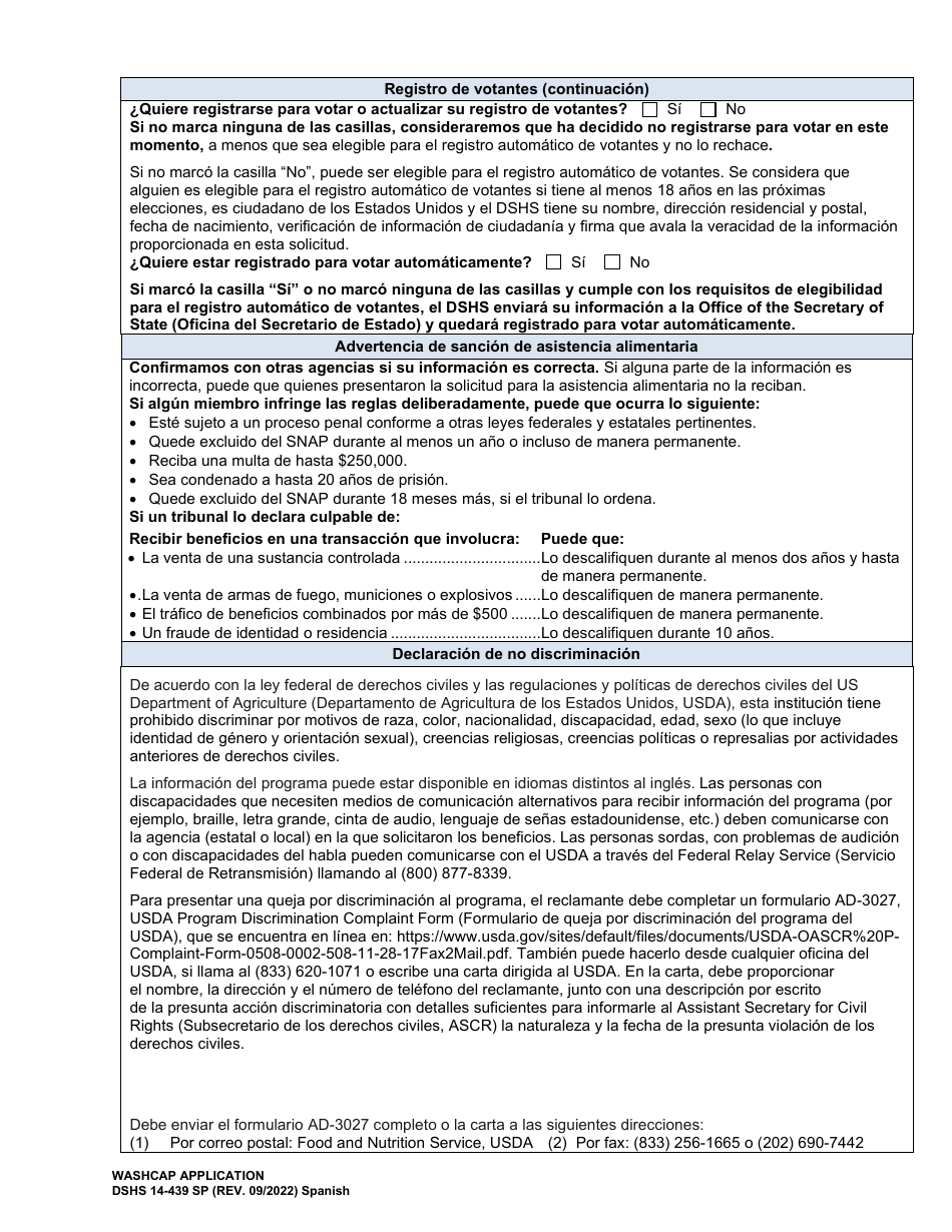 DSHS Formulario 14-439 Washcap Solicitud - Washington (Spanish), Page 2