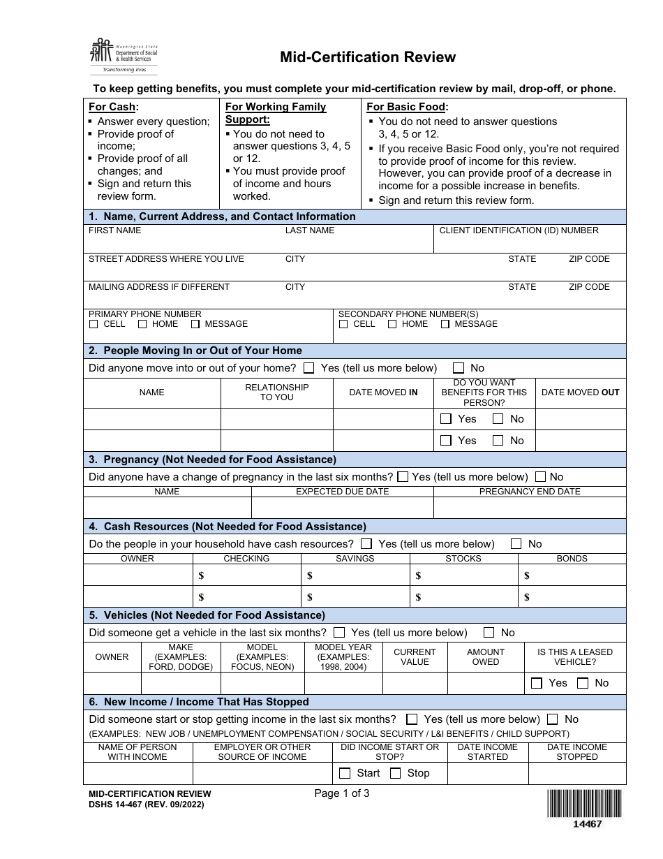 DSHS Form 14-467 Mid-certification Review - Washington, Page 1