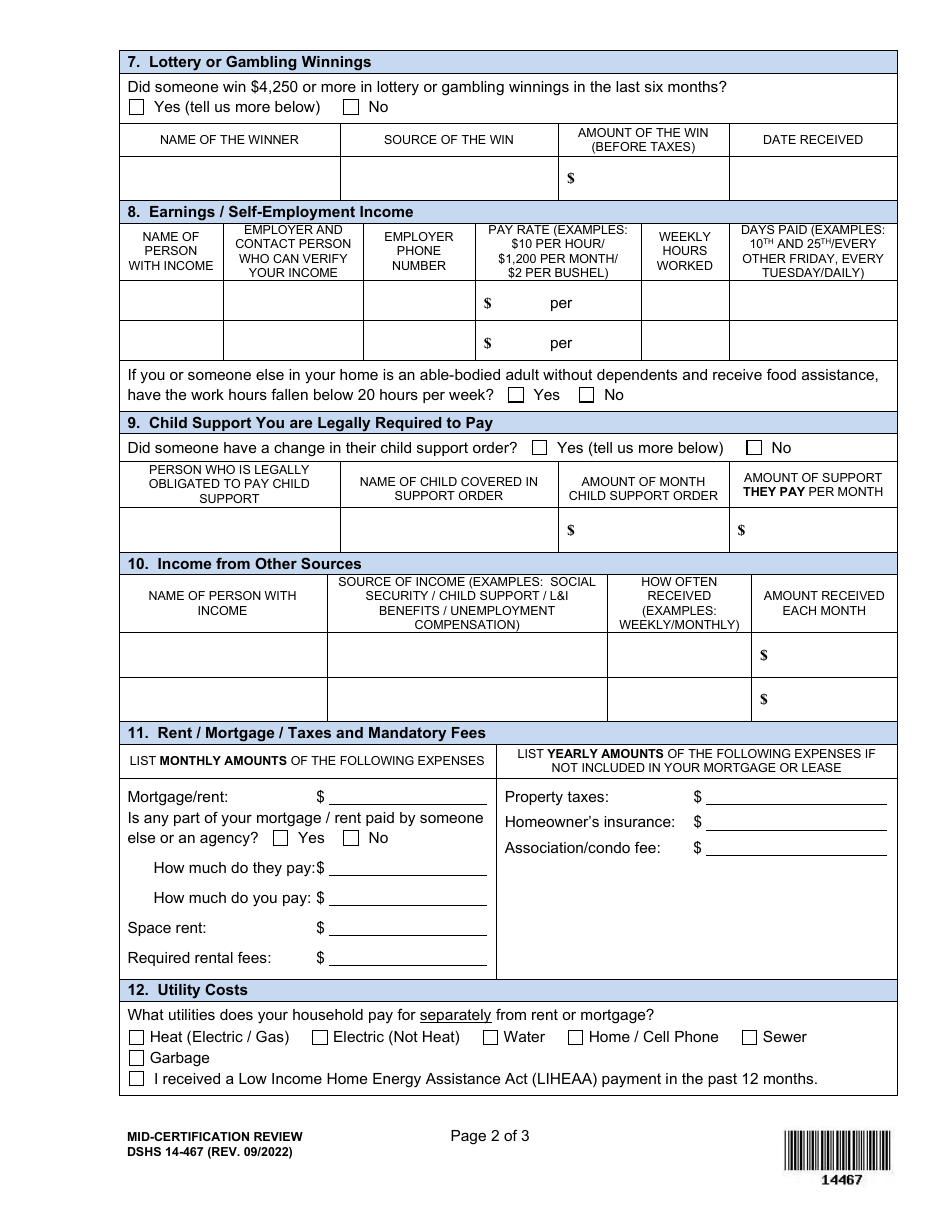DSHS Form 14-467 Mid-certification Review - Washington, Page 2